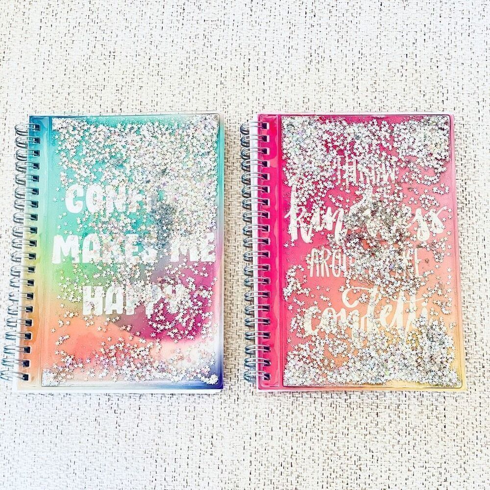 NWT Greenbrier 2 Gorgeous Floating Moving Glitter Pink Blue Notebooks 7”Hx5”W